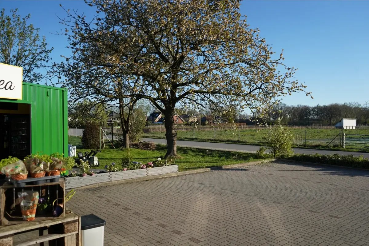 Außenbereich des Hofladens Hemdingen mit Blick auf den Tante-Thea-Standort.